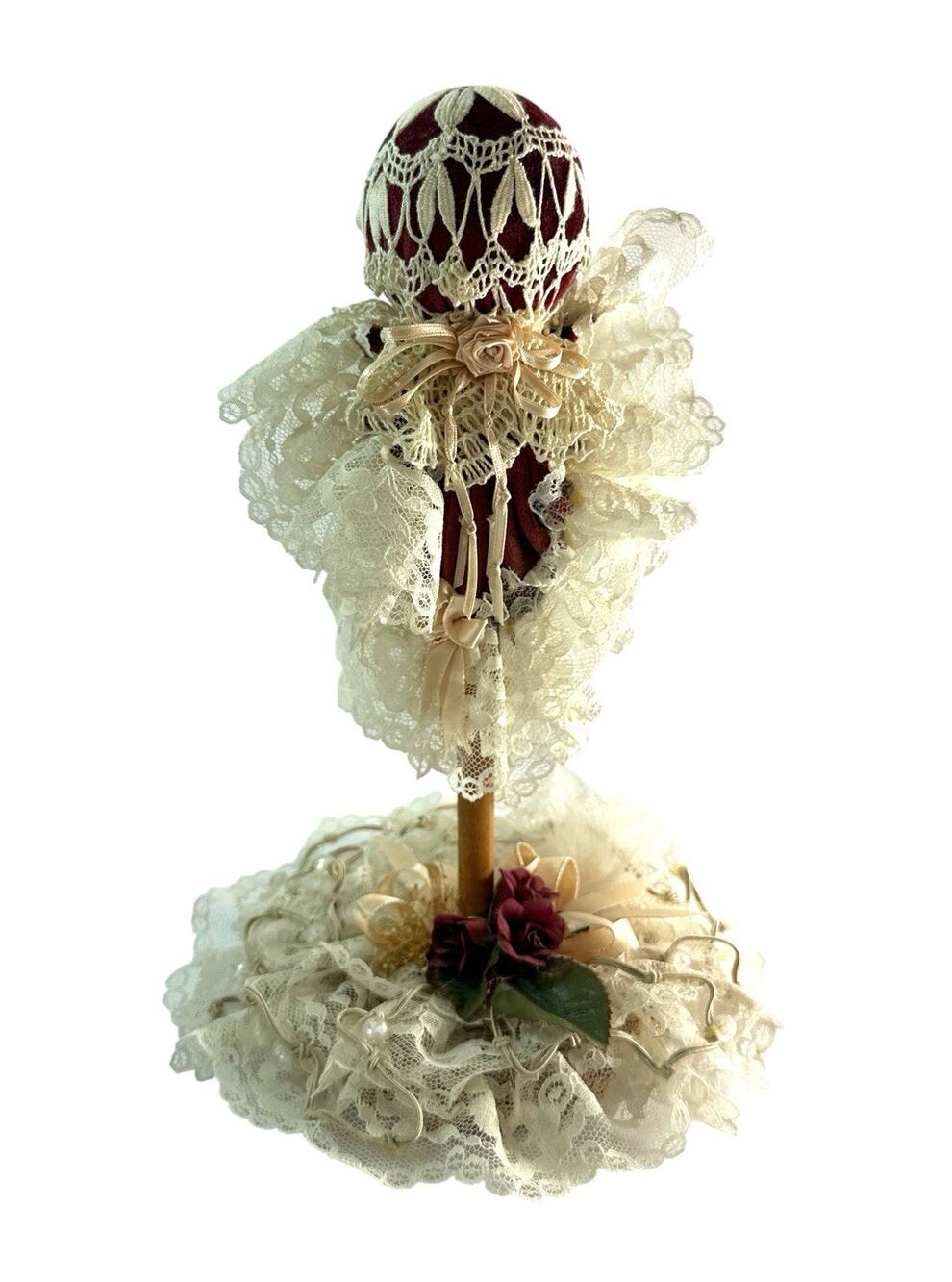 Vintage Victorian Style Hat Stand Millinery Display Lace Roses Burgundy 12”